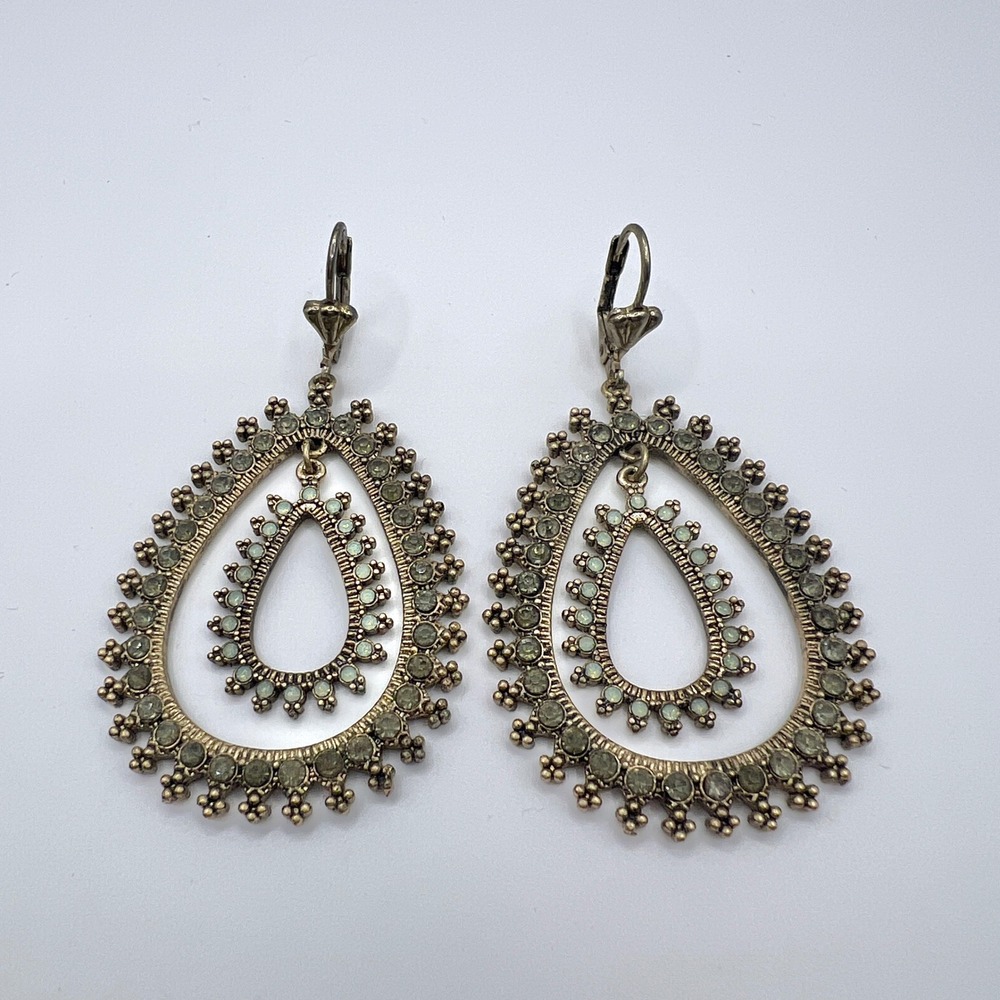 Antique Gold Tone Double Teardrop Rhinestone Boho Statement Leverback Earrings